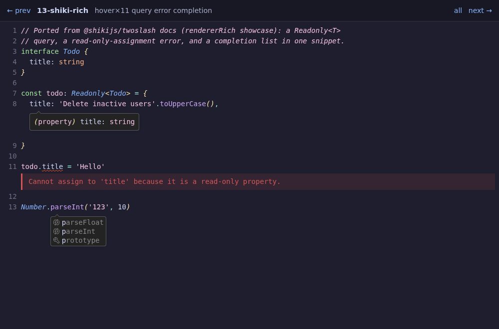 The hue twoslash HTML overlay: a Readonly<Todo> snippet with a query popup, a read-only-assignment error (wavy underline plus message), and a completion list